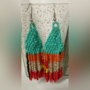 Turquoise Multicolor Seed Bead Fringe Earrings